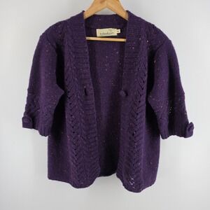 Irelandseye Purple Wool Donegal Tweed Cardigan Sweater 3/4 Sleeve Womens XL
